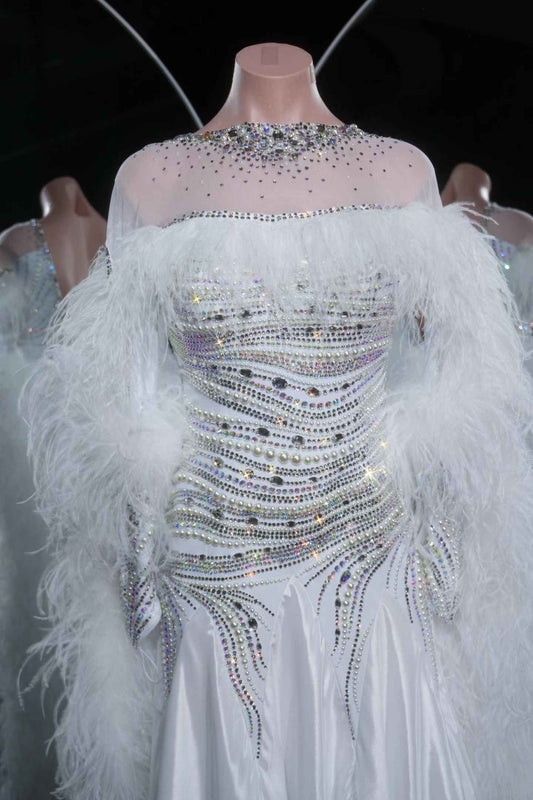 PEI.B008 Elegant White Ballroom Dance Dress Rhinestone Detail