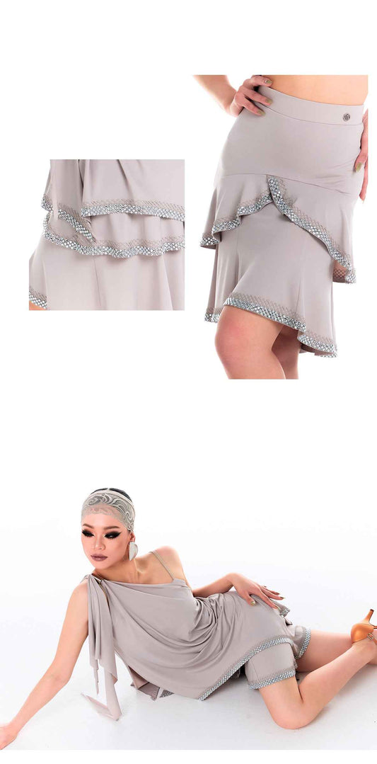 DUYQ 016 Lapel Diamond Trim Skirt for Latin Dance