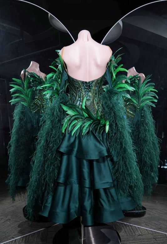 PEI.B011 Luxury Green Feather Ballroom Dance Dress