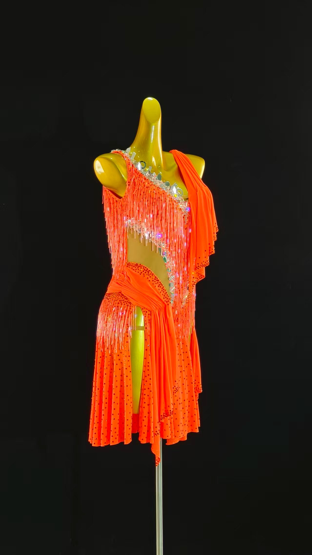 MINEJAS.L069 Orange Latin Dance Dress with Fringes and Rhinestone Embellishments