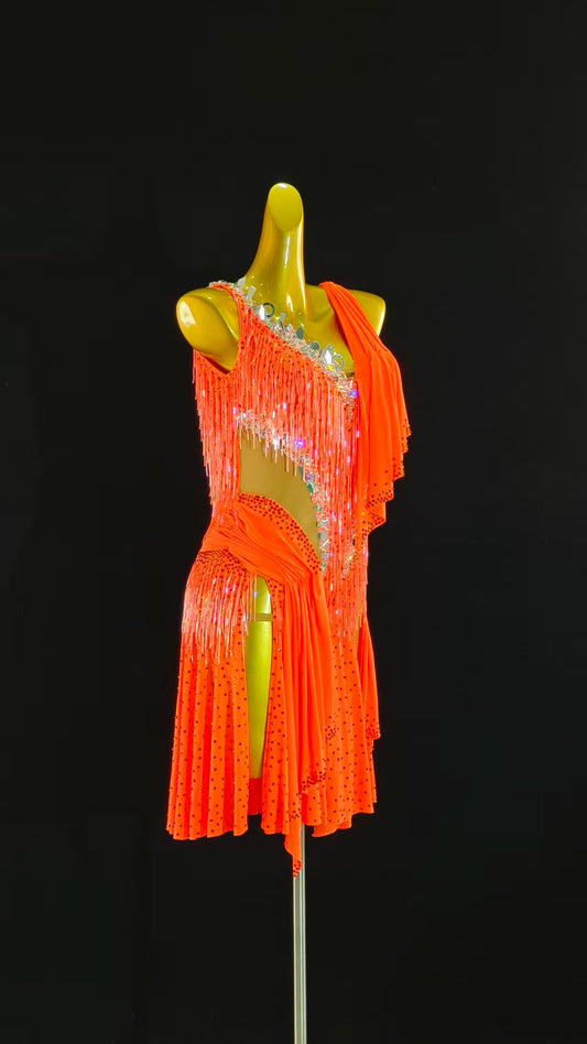 MINEJAS.L069 Orange Latin Dance Dress with Fringes and Rhinestone Embellishments