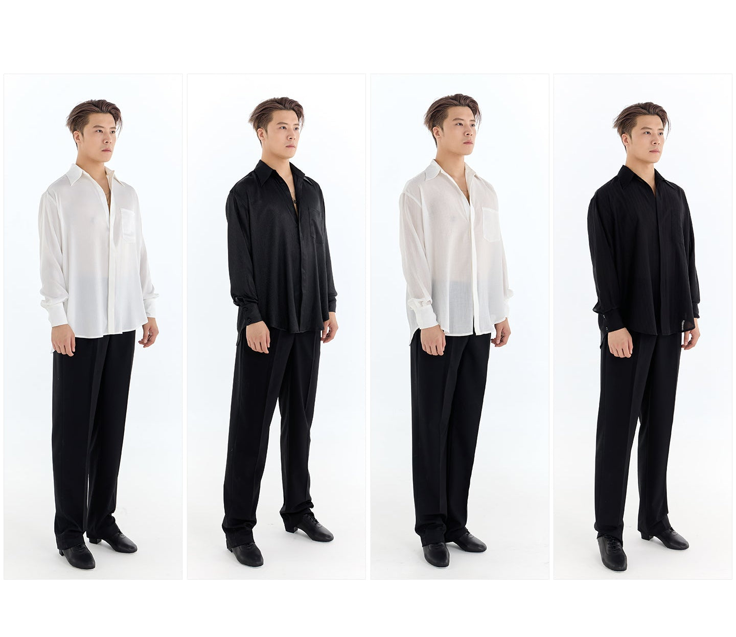 Four individuals wearing black and white outfits on a white background with 'DUYQ DESIGN' branding.