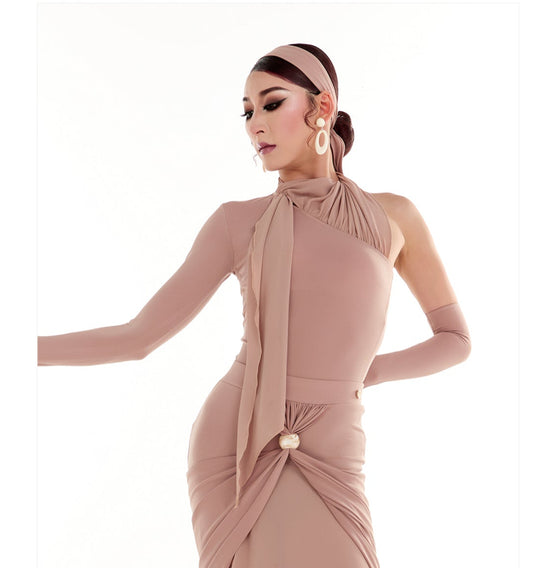 DUYQ Twin Blossom Ballroom 001 Asymmetric Ruched Leotard – Women’s Practice Wear