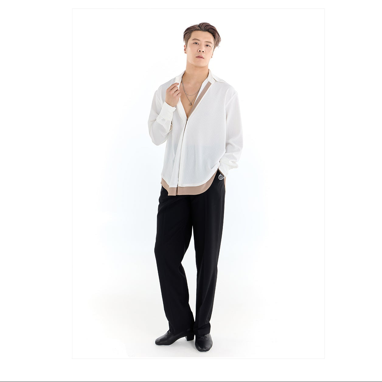 Person wearing a white shirt and black pants on a white background with 'DUYQ DESIGN' branding.