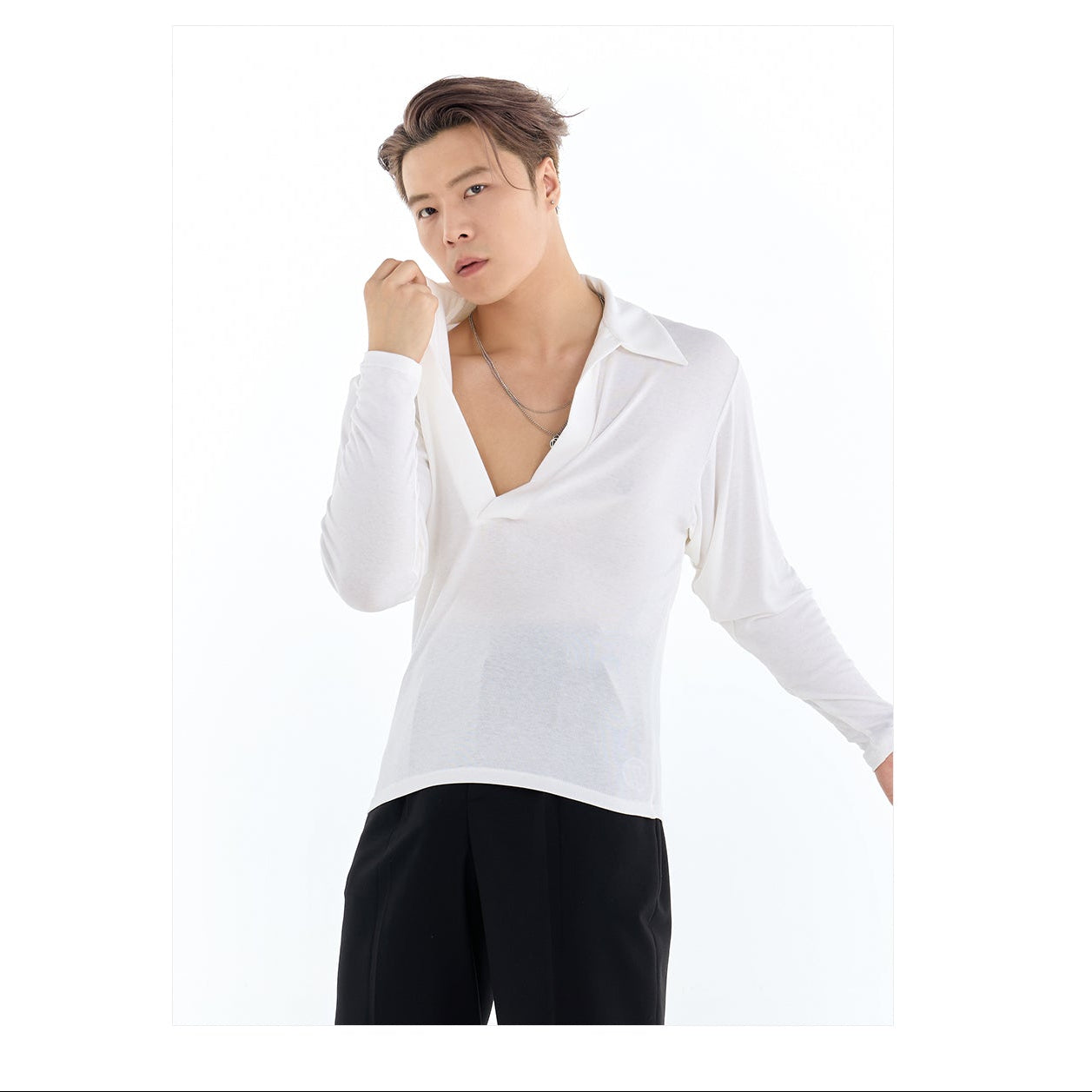 DUYQ A/W 005 Premium Cashmere Men's Collared Deep V Latin Practice Top - Long Sleeve