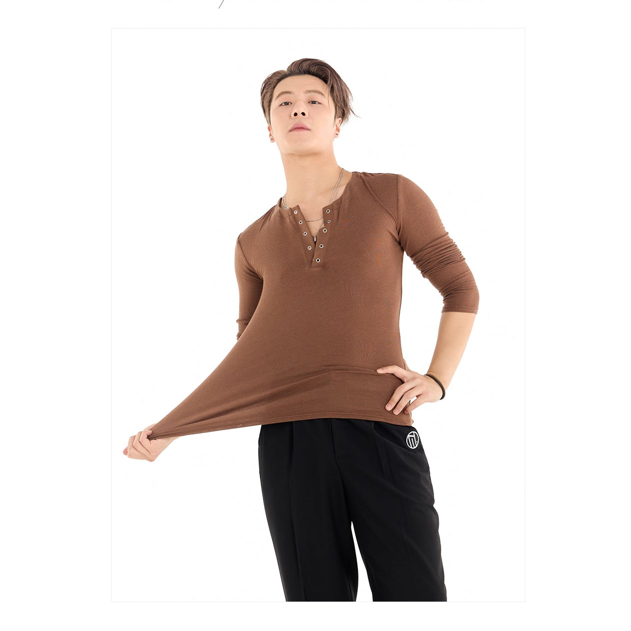 DUYQ A/W 003 Men's Small V-Neck Latin Ballroom Practice Top - Long Sleeve