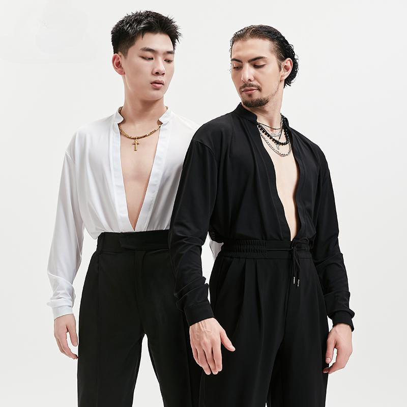 BOBO Boys Latin Dance Suit Men's Deep V-Neck Black National Standard Top Long Sleeve Dance Suit Practice Adult Exercise Practice