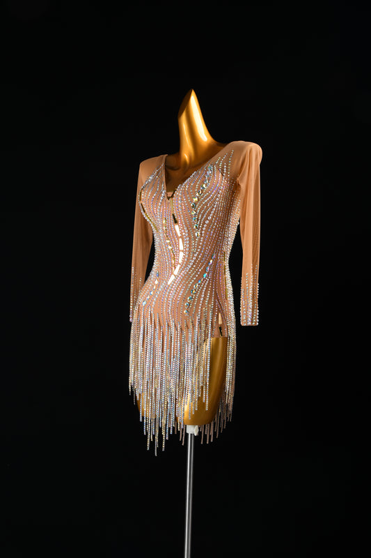 MINEJAS.L061F Nude Sparkle Latin Performance Skirt - Rhinestone Accent Dancewear