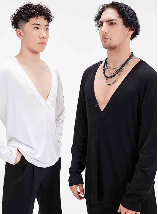 BOBO Boys Latin Dance Suit V-Neck Long Sleeve T-Shirt Men's Ballroom Dance Professional Latin Practice Suit Dance Top