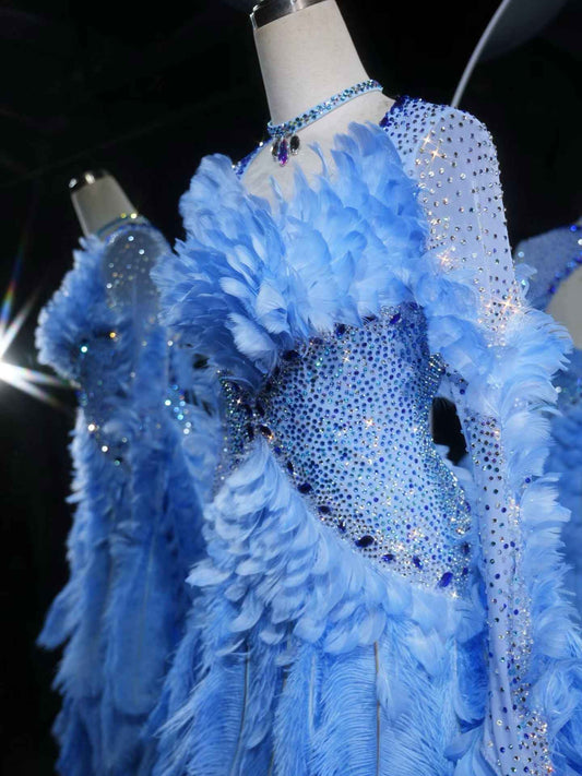 PEI.B006 Sky Blue Mesh Sleeve Ballroom Dance Dress Bling