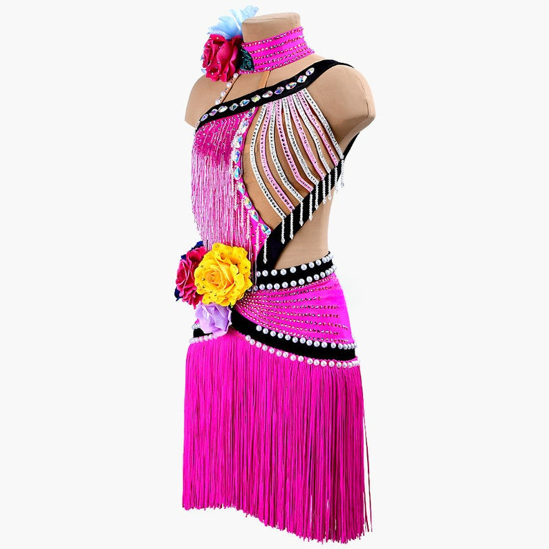 MINEJAS.PLPJ006 Magenta Rose sleeveless Kids Latin dress with beaded fringes, stoned strings, fringes, 3D flowers&crystals