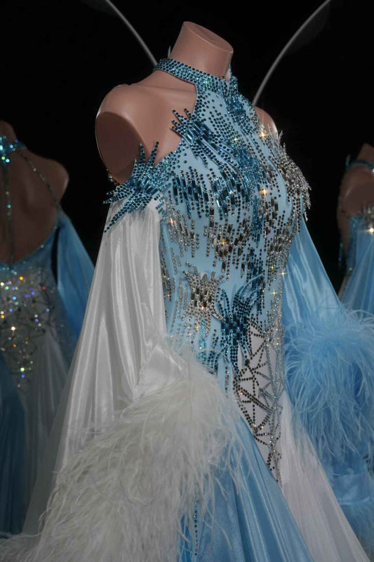 PEI.B001 Luxury Standard Ballroom Dance Dress Rhinestone Feather