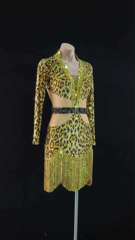 MINEJAS.L028F Leopard Latin Dance Costume for Women – Long Sleeve Fringe Salsa Dress - Mine·Jas