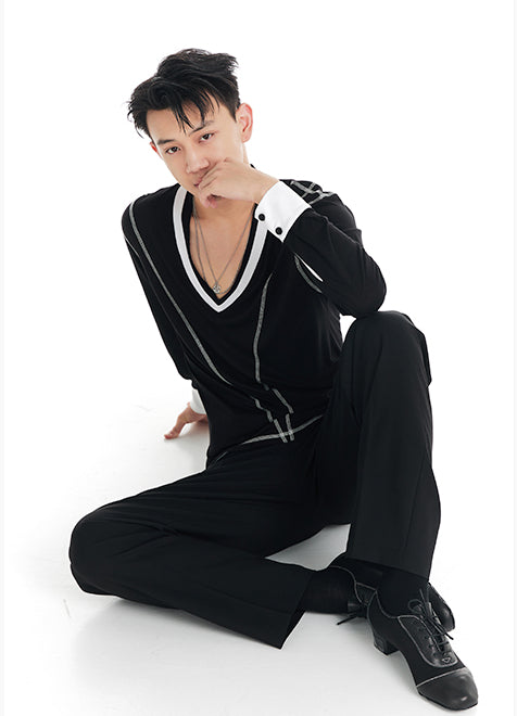 DUYQ "Black and White" Men's 004 Big V Long Sleeve Top Adult National Standard Latin Dance Practice Performance Suit Premium