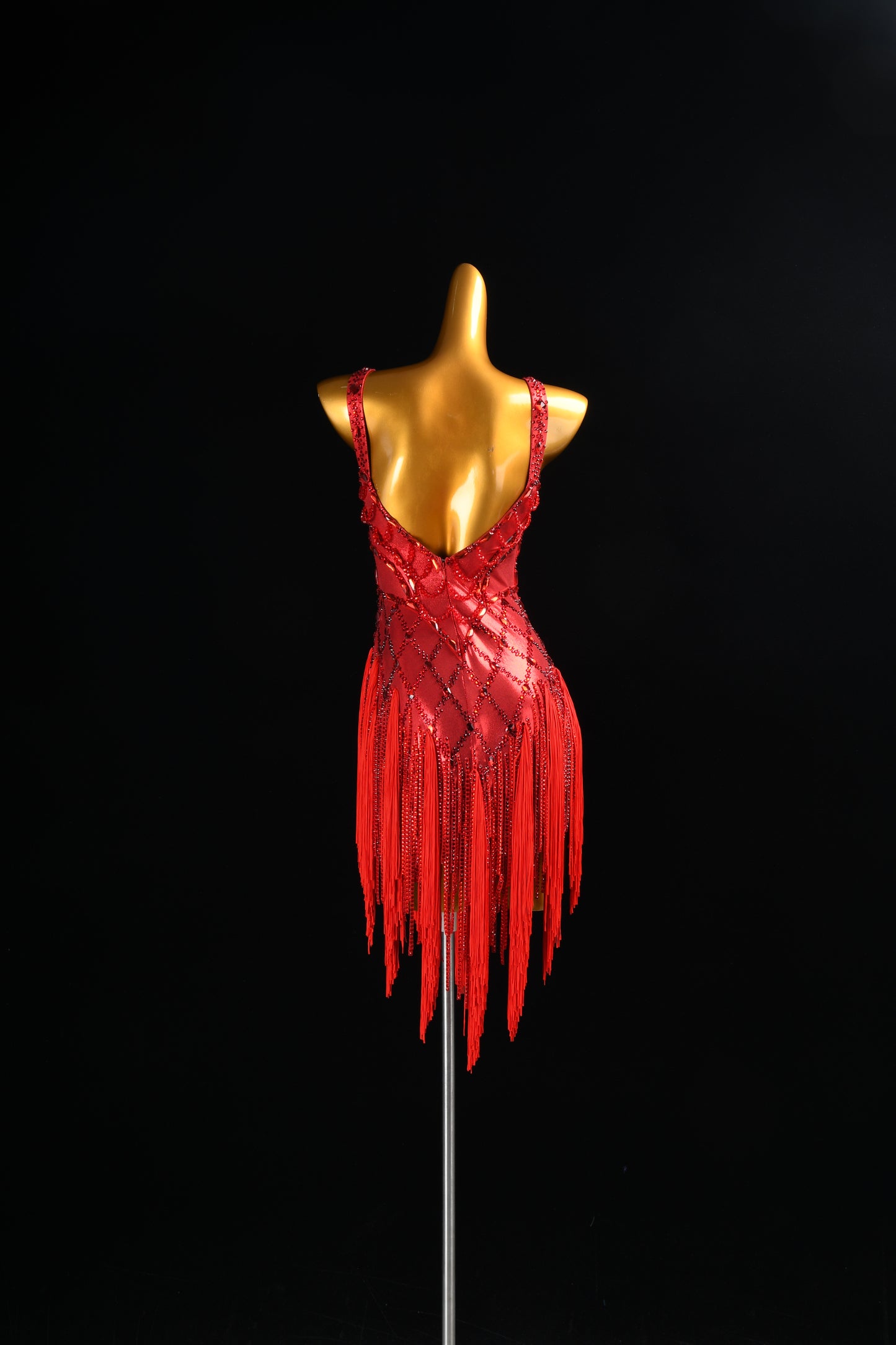 MINEJAS.2726 Women's Latin Dance Dress - Metallic Red Fabric, Alluring Fringe Skirt, Performance & Competition