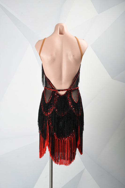 MINEJAS.F526 Black & Red Layered Fringe Latin Competition Dress - Mine·Jas