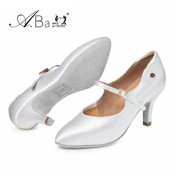 ABA DANCE.AM8011 Elegant White Satin Pointed Toe Ballroom Shoes for Women