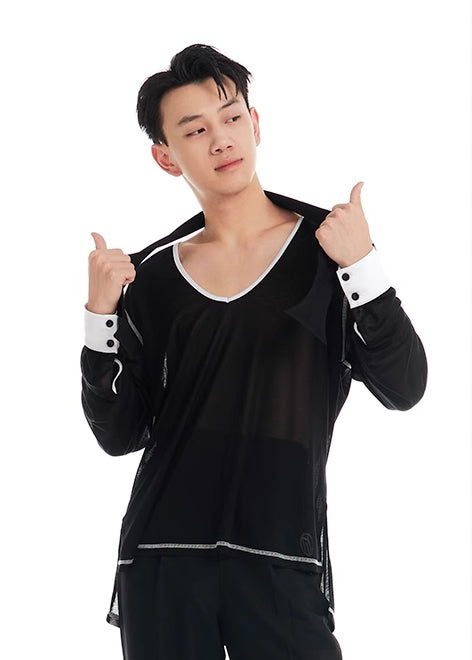 DUYQ "Black and White" Men's 005 Small V-neck Long Sleeve Top Adult National Standard Latin Dance Basic Practice Suit
