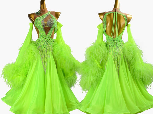 MINEJAS.PBG005 Bright green ballroom dress with nude mesh, ostrich feathers, stoned strings&satin