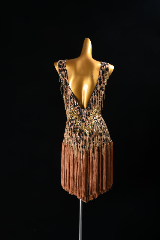 MINEJAS.F726 Leopard Print Coffee Brown Fringe & Beaded Latin Competition Dress