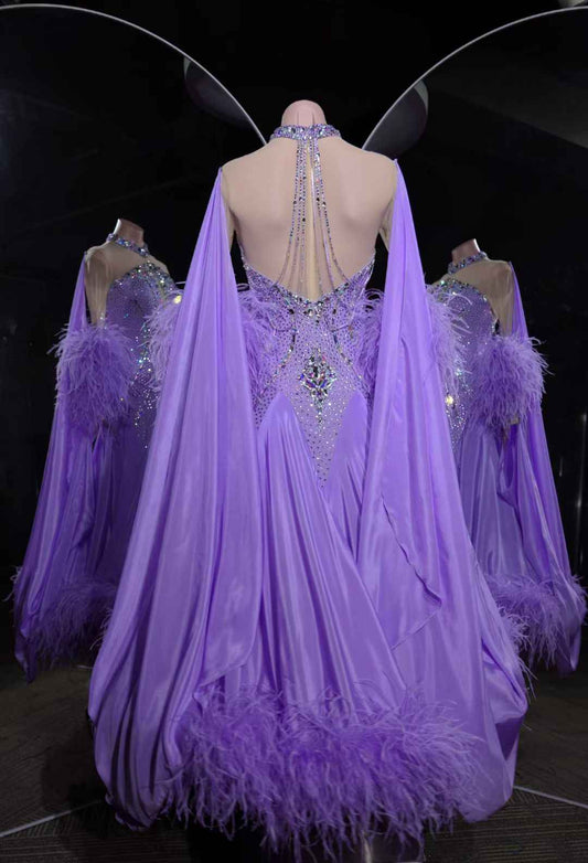 PEI.B010 Gorgeous Lavender Ballroom Dance Dress with AB Rhinestones & Feather