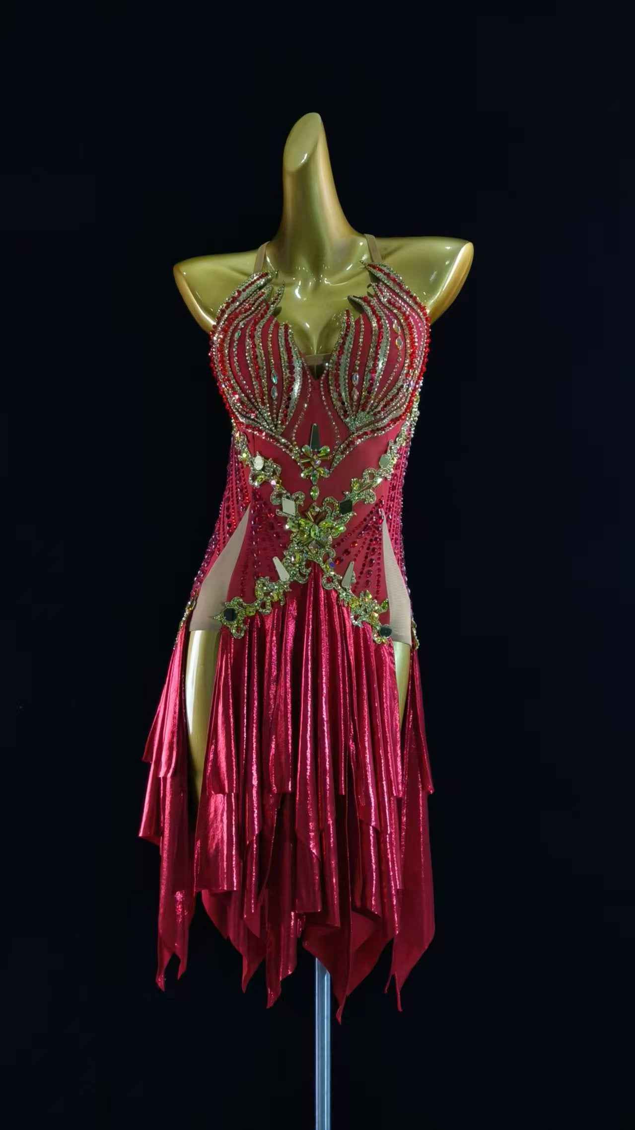 MINEJAS.L062 Red Gold Rhinestone Latin Performance Dance Costume