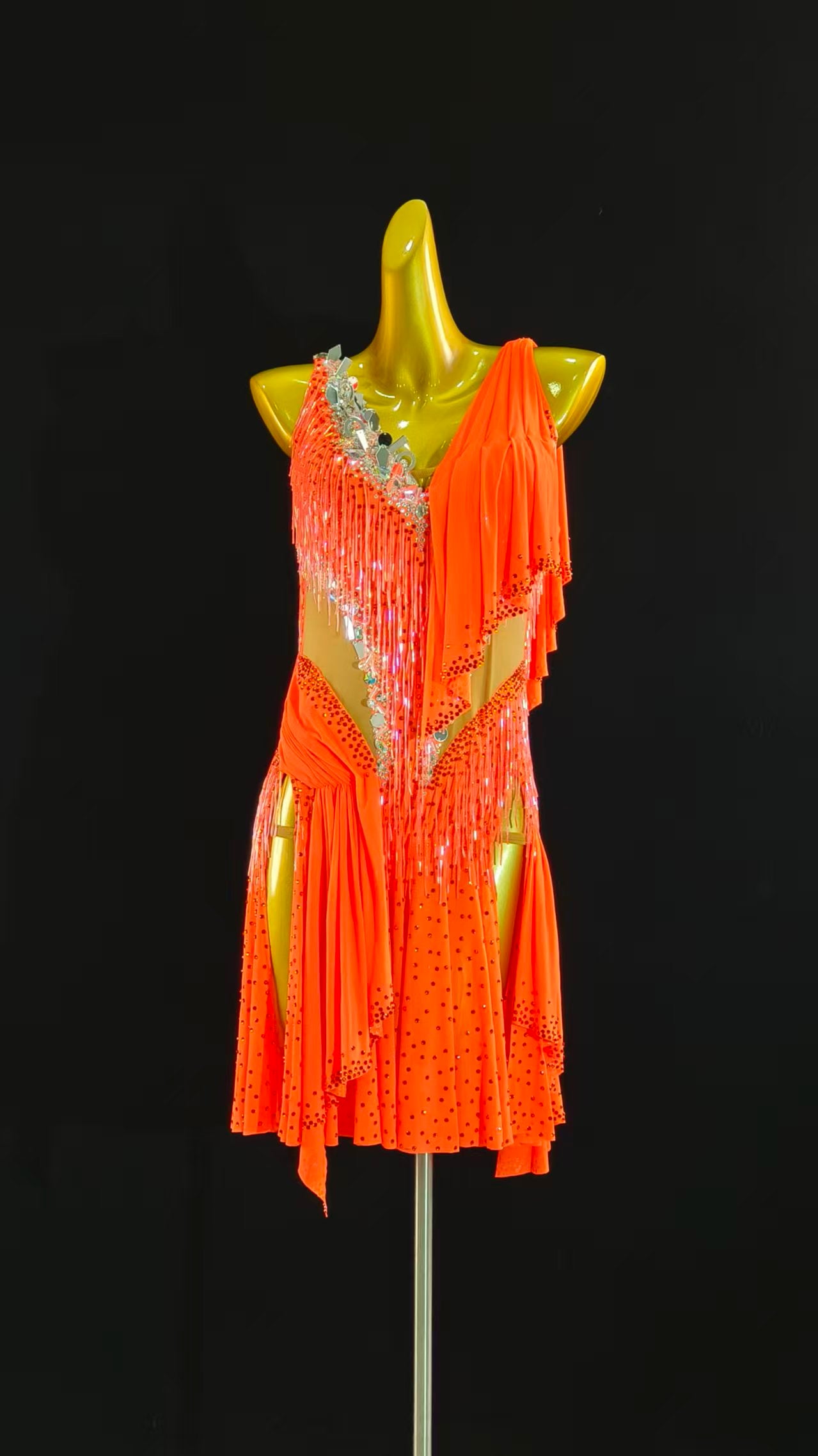 MINEJAS.L069 Orange Latin Dance Dress with Fringes and Rhinestone Embellishments