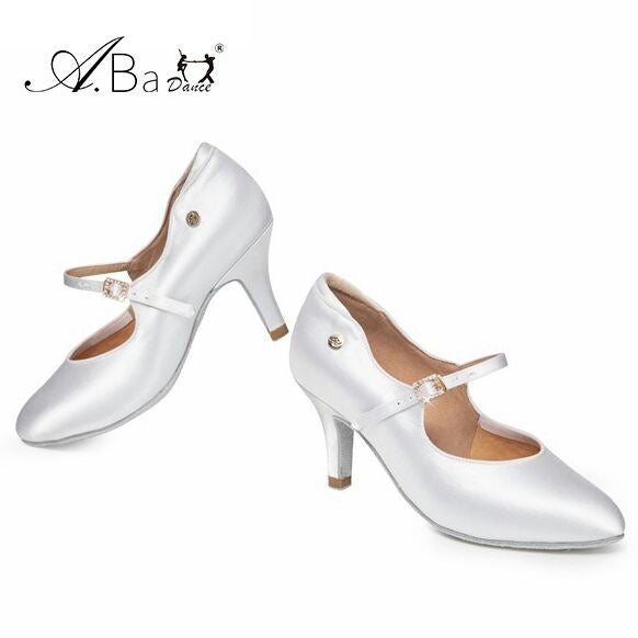 ABA DANCE.AM8011 Elegant White Satin Pointed Toe Ballroom Shoes for Women