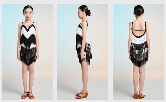 MLX.GOLD501 Children's New Latin Dance Practice Suit Girls' Fringed Suspender Dress Dance Training Performance Costume