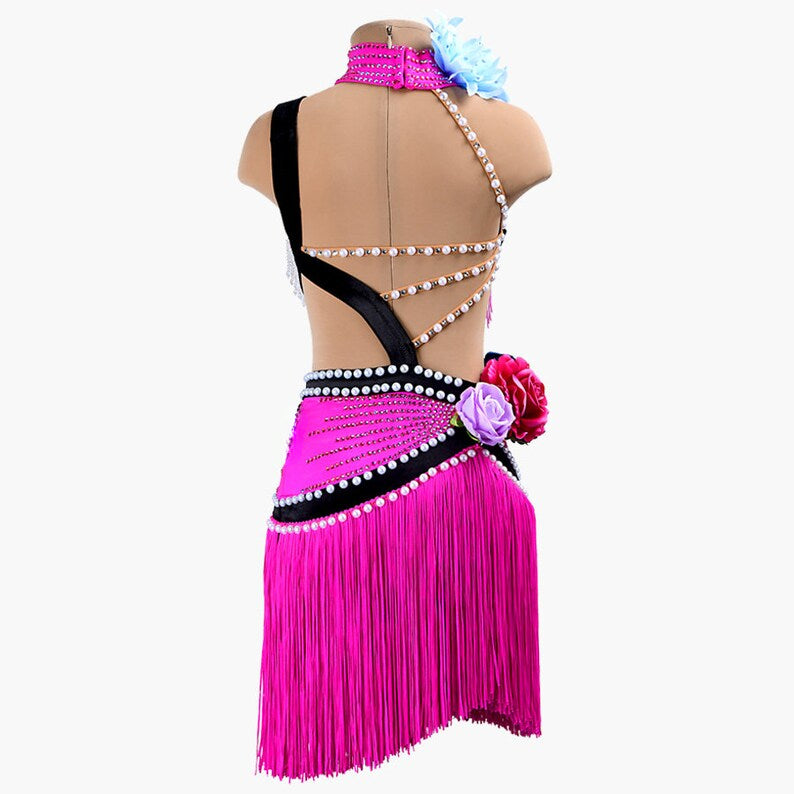 MINEJAS.PLPJ006 Magenta Rose sleeveless Kids Latin dress with beaded fringes, stoned strings, fringes, 3D flowers&crystals