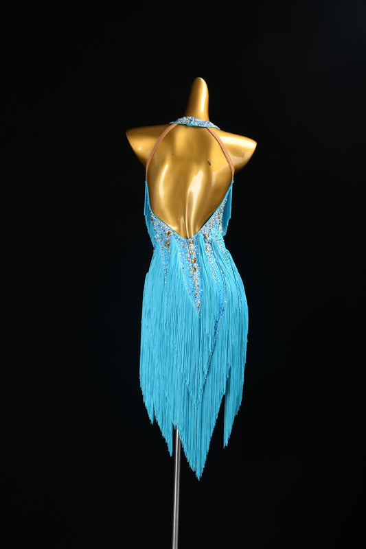 MINEJAS.F1326 Sky Blue Dynamic Fringe Latin Dance Dress