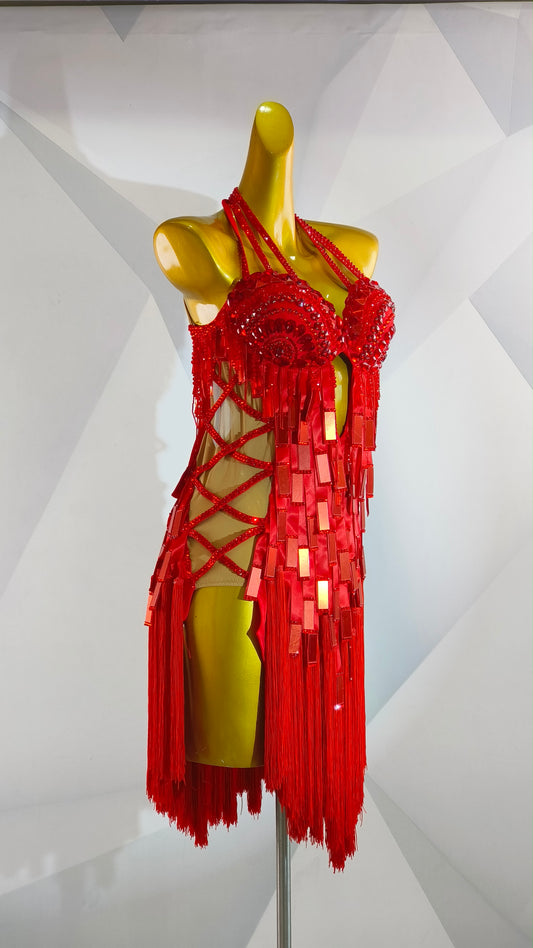 MINEJAS.F1426 Red Mirror Sequin Fringe Dynamic Latin Dance Dress