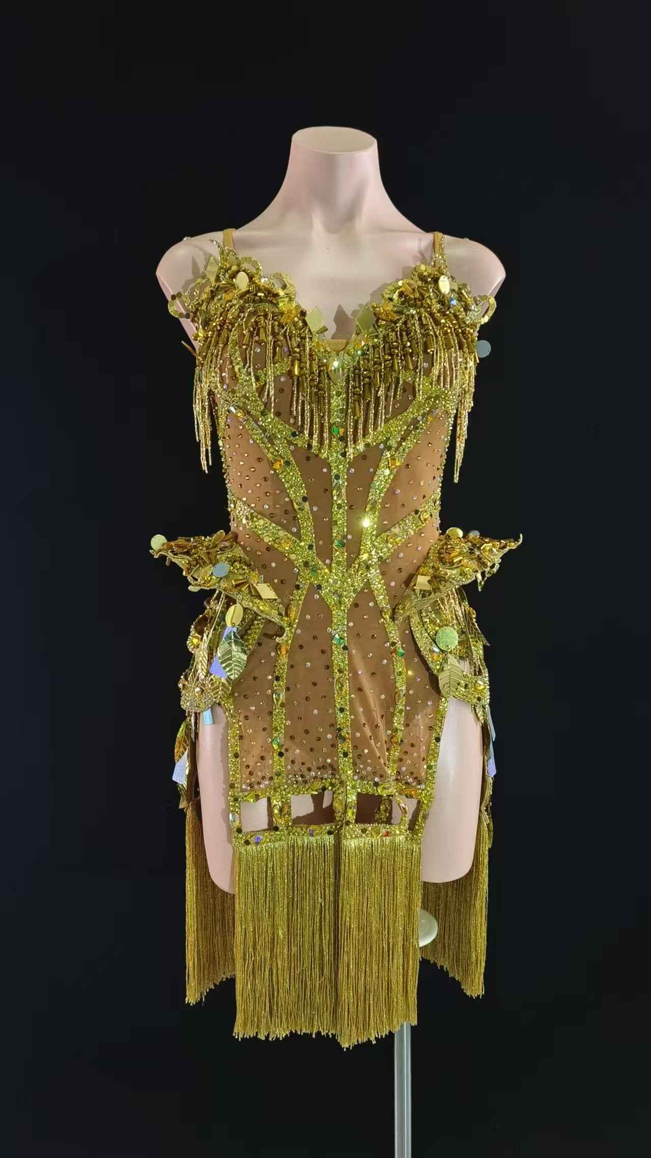 MINEJAS.L070 Luxury Gold 3D Latin Dance Dress for Dancers