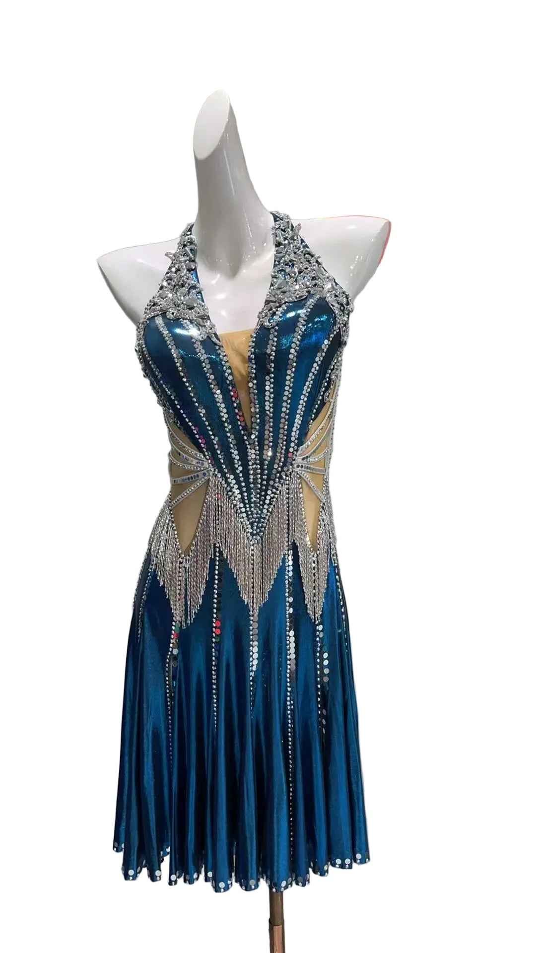 MINEJAS.L067 Royal Blue Silver Rhinestone Latin Dance Gown