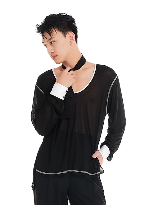 DUYQ "Black and White" Men's 005 Small V-neck Long Sleeve Top Adult National Standard Latin Dance Basic Practice Suit