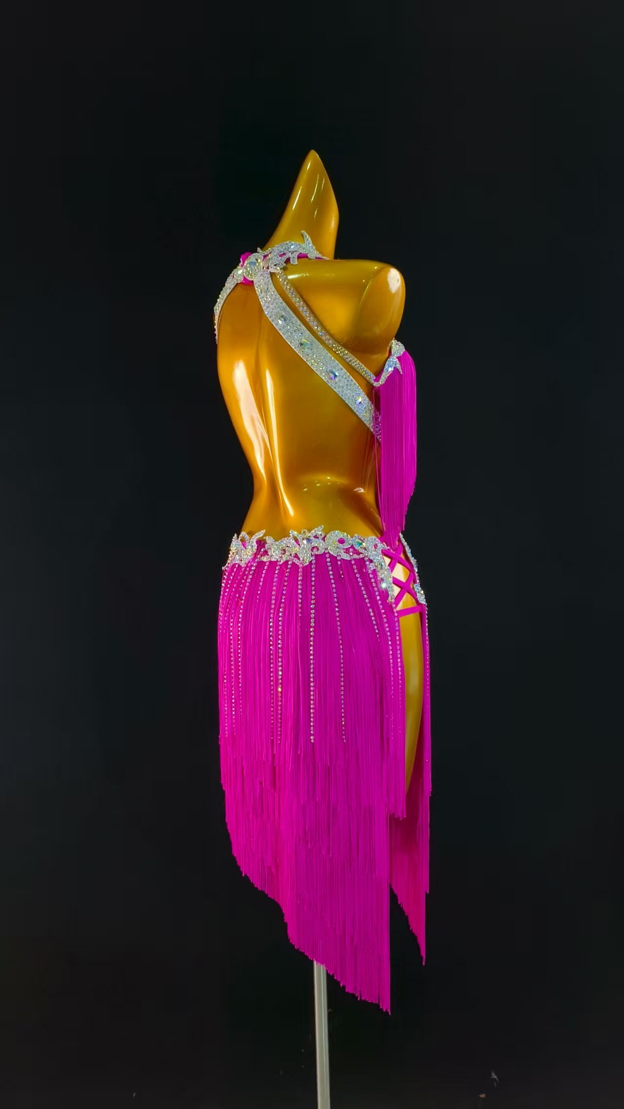 MINEJAS.L039P Hot Pink Fringe Latin Dance Dress with Rhinestone Detailing – Women’s Ballroom Competition Costume