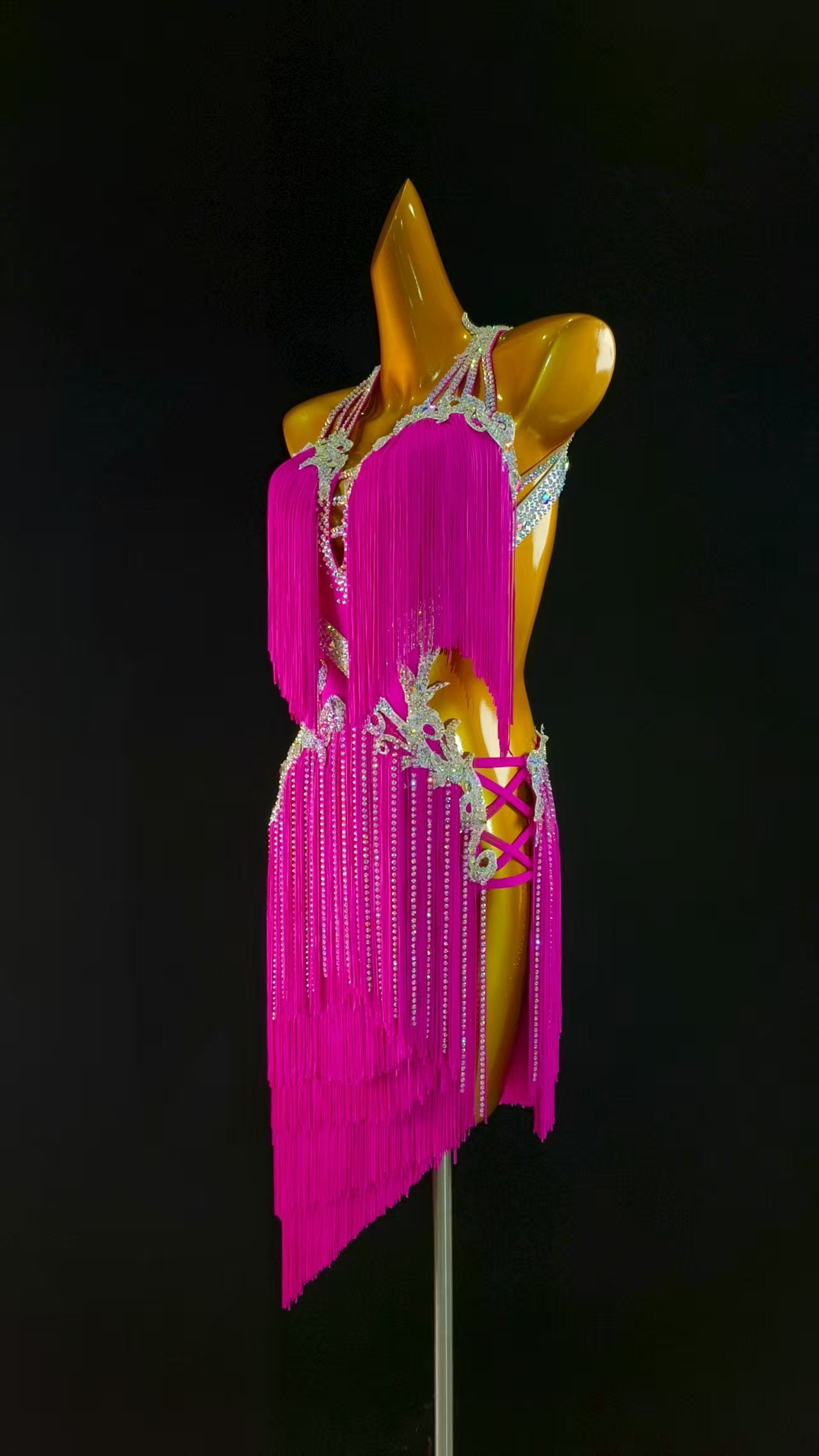 MINEJAS.L039P Hot Pink Fringe Latin Dance Dress with Rhinestone Detailing – Women’s Ballroom Competition Costume