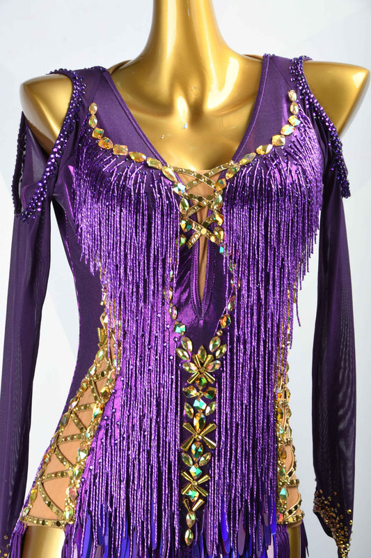MINEJAS.L500 Purple Latin Competition Dress with Gold Rhinestones & Fringe Sleeves | Custom Rhythm Dance Costume