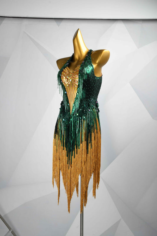 MINEJAS.L503 Emerald Green to Gold Fringe Latin Dress with Rhinestone Bodice | Rhythm Competition Gown