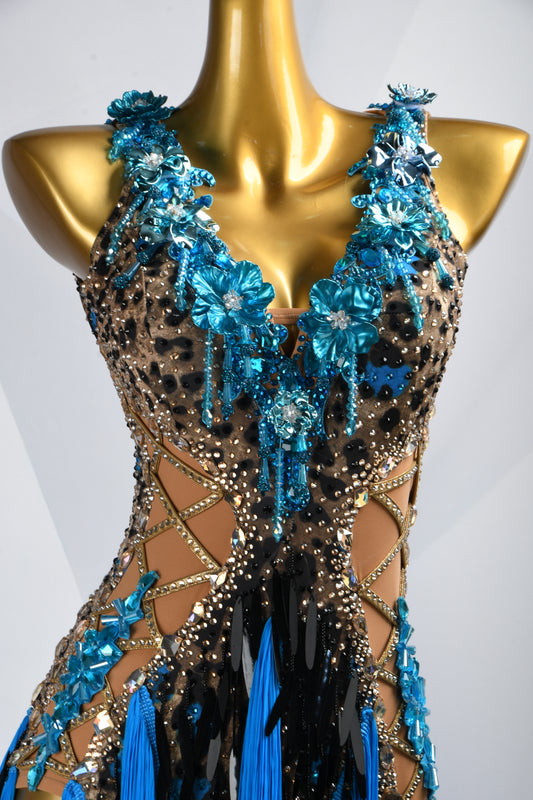 MINEJAS.L505 Leopard Print Latin Fringe Dress with Blue 3D Flowers & Rhinestones | Custom Dance Costume - Mine·Jas