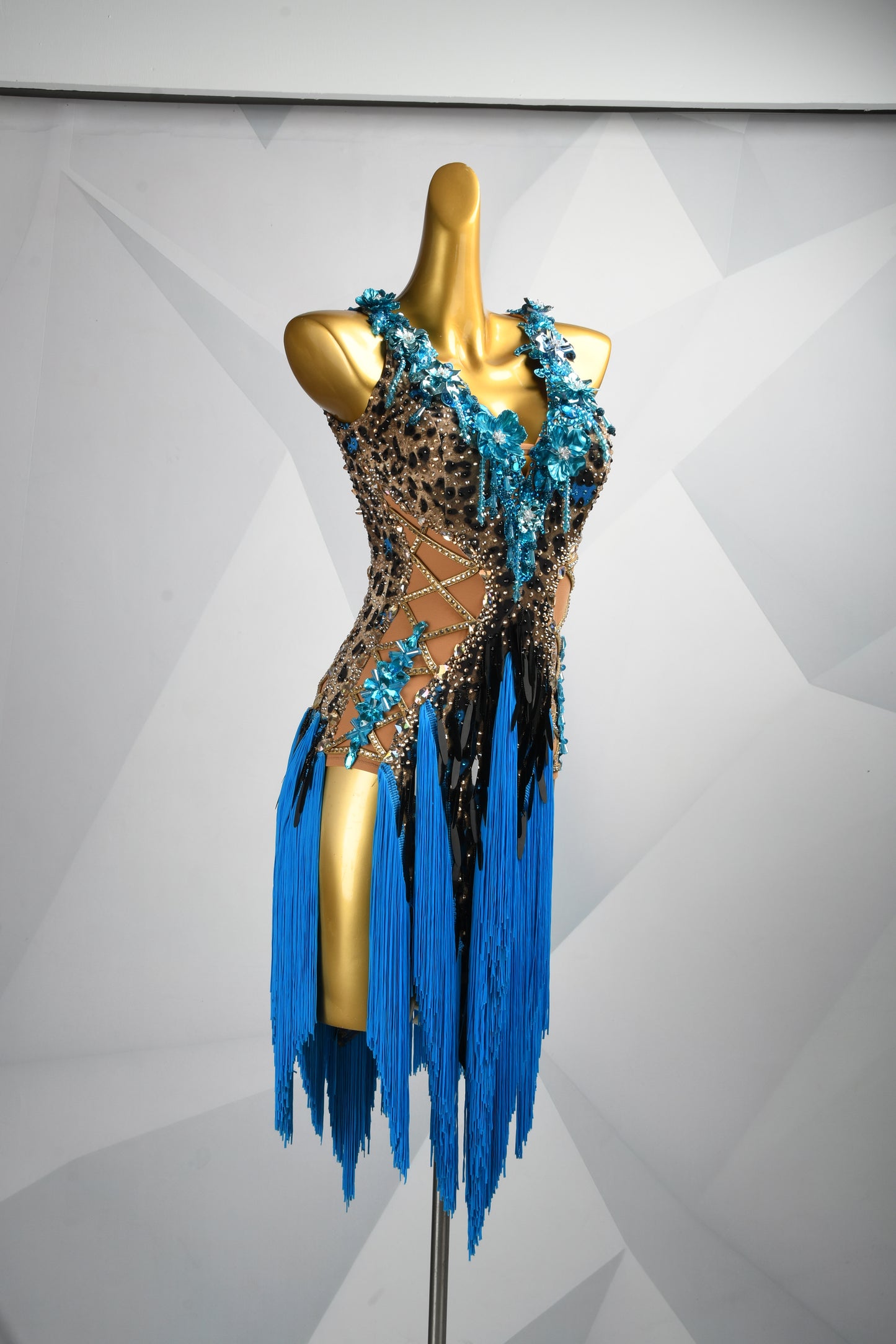 MINEJAS.L505 Leopard Print Latin Fringe Dress with Blue 3D Flowers & Rhinestones | Custom Dance Costume - Mine·Jas