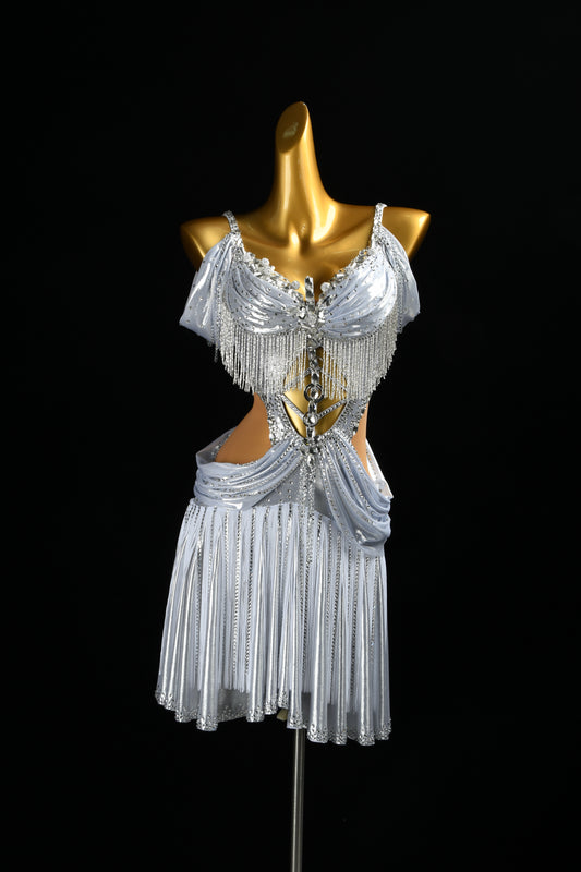 MINEJAS.L519 Silver White Cutout Latin Dance Dress with Fringe & Rhinestones | Custom Rhythm Competition Wear