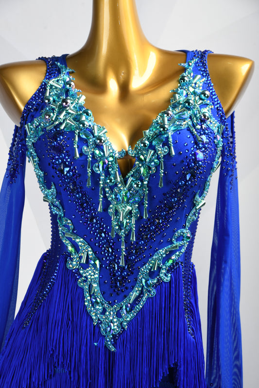 MINEJAS.L506 Royal Blue Latin Fringe Dress with Turquoise Rhinestone Embellishments | Mesh Sleeve Competition Gown - Mine·Jas