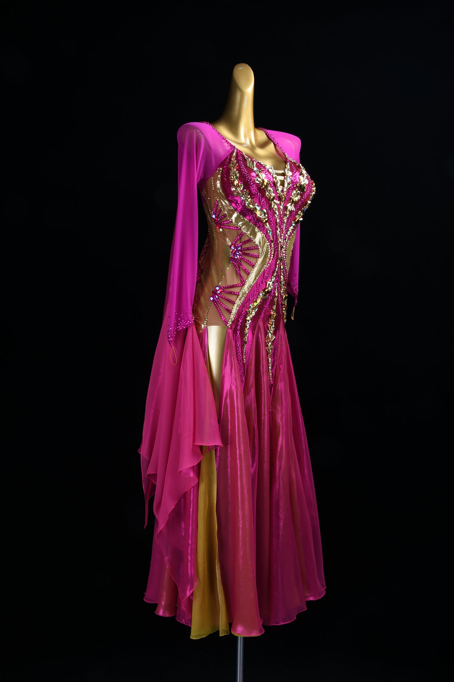 MINEJAS.L516 Fuchsia Pink Ballroom Dance Dress with Gold Rhinestone Embellishments | Long Sleeve Standard Gown