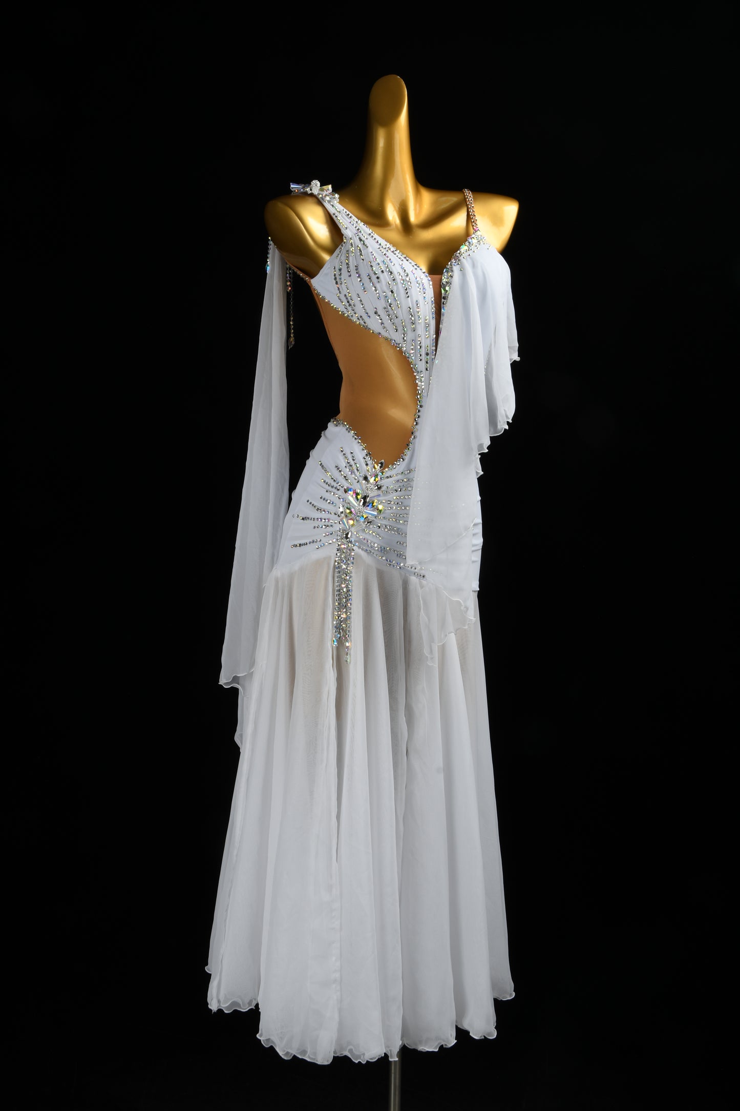 MINEJAS.L521 White Smooth Dance Dress with Rhinestone Embellishments & Chiffon Skirt | One-Shoulder Standard Gown