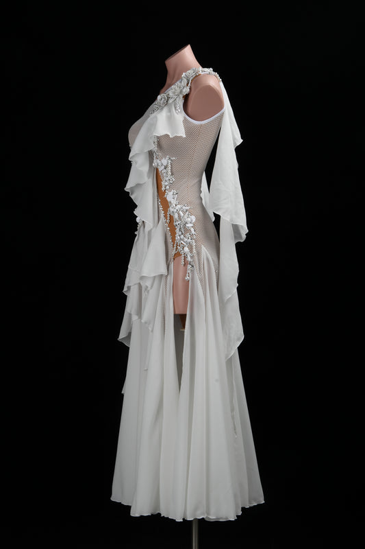 MINEJAS.L517 White Ballroom Dance Dress with 3D Floral Appliqués & Chiffon Skirt | One-Shoulder Standard Gown