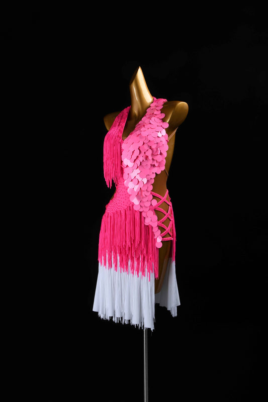 MINEJAS.L5927 Pink White Fringe Latin Dance Dress