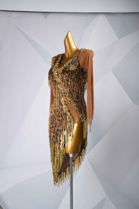 MINEJAS.L5965 Leopard Print Gold Fringe Latin Dress