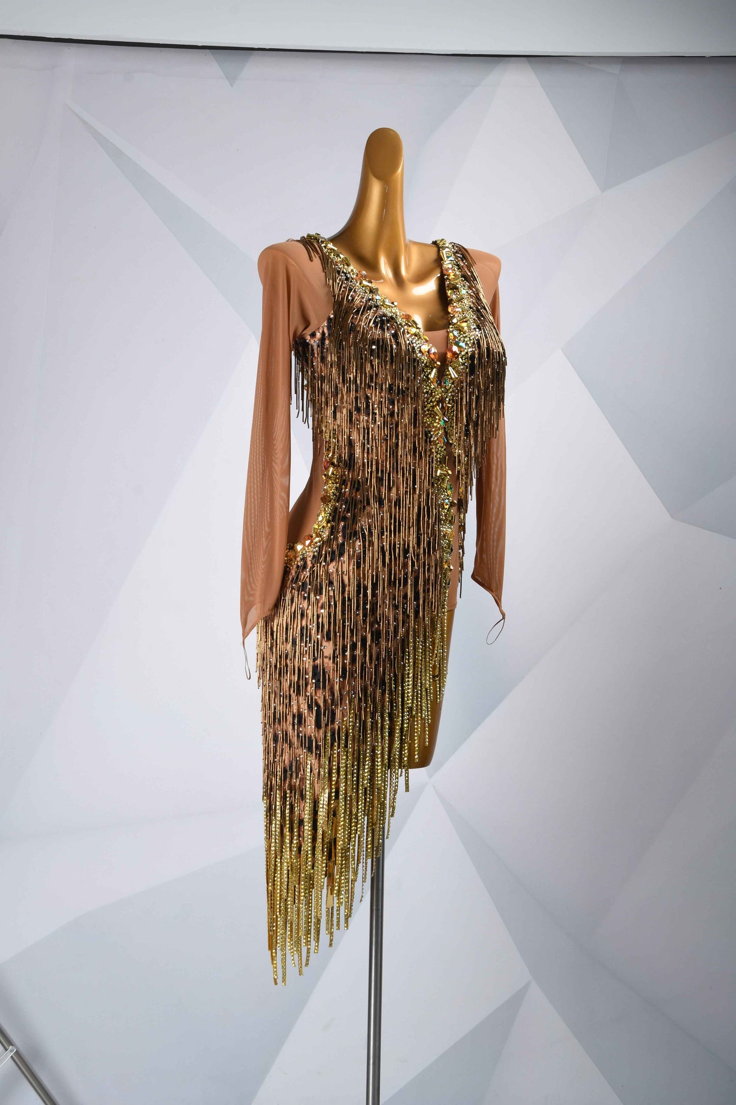 MINEJAS.L5965 Leopard Print Gold Fringe Latin Dress