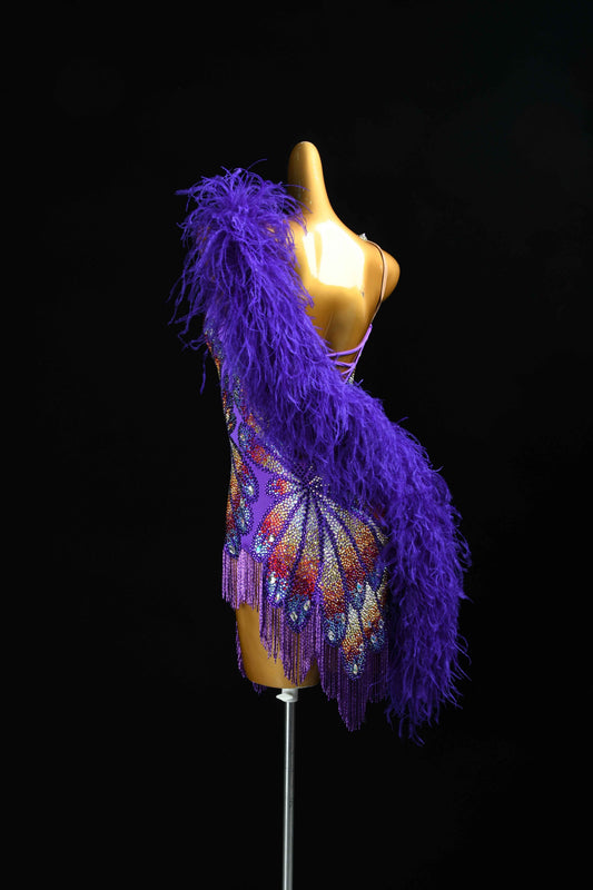 MINEJAS.L385 Purple Feather Butterfly Latin Dance Dress